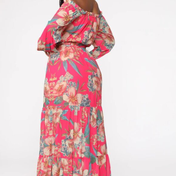JEALOUS TOMATO FUCHSIA LONG SLEEVE OFF SHOULDER FLORAL PRINT SIZE L MAXI DRESS - Picture 2 of 14